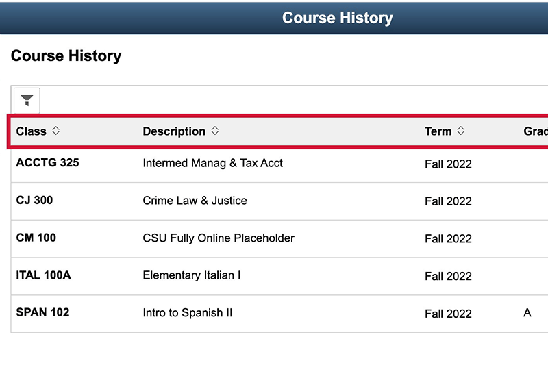 Course history listing in Peoplesoft