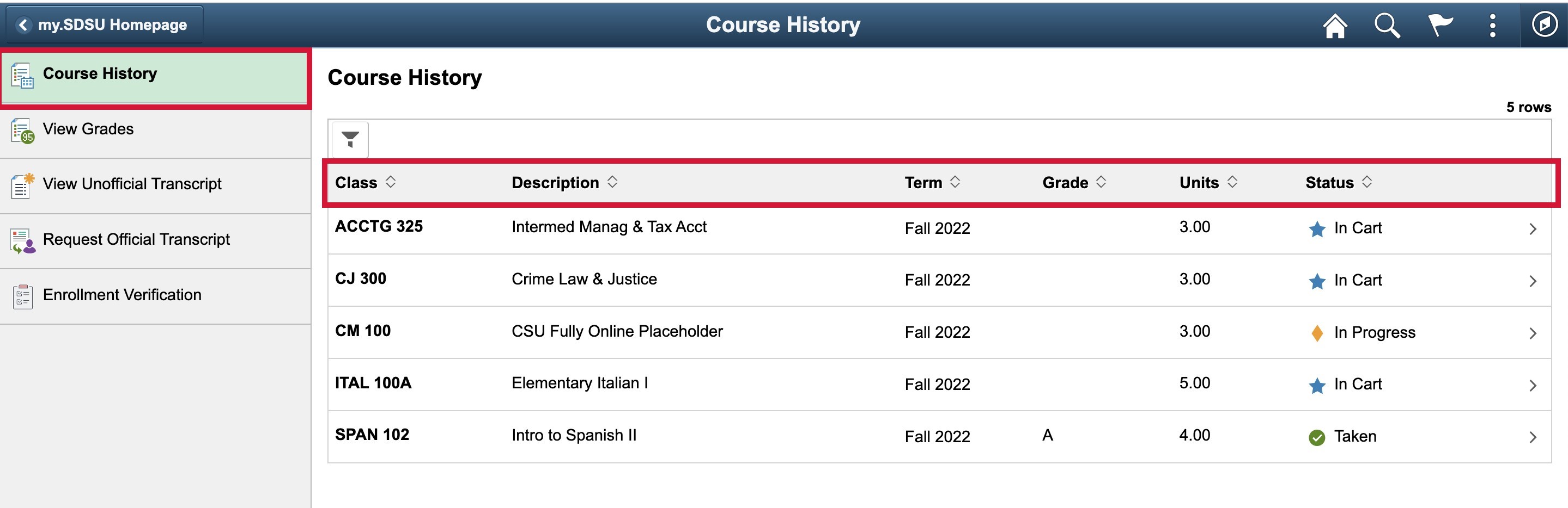 my.SDSU Course History Page