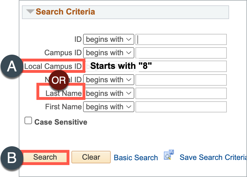 search bar to look up students highlighting id and local campus id