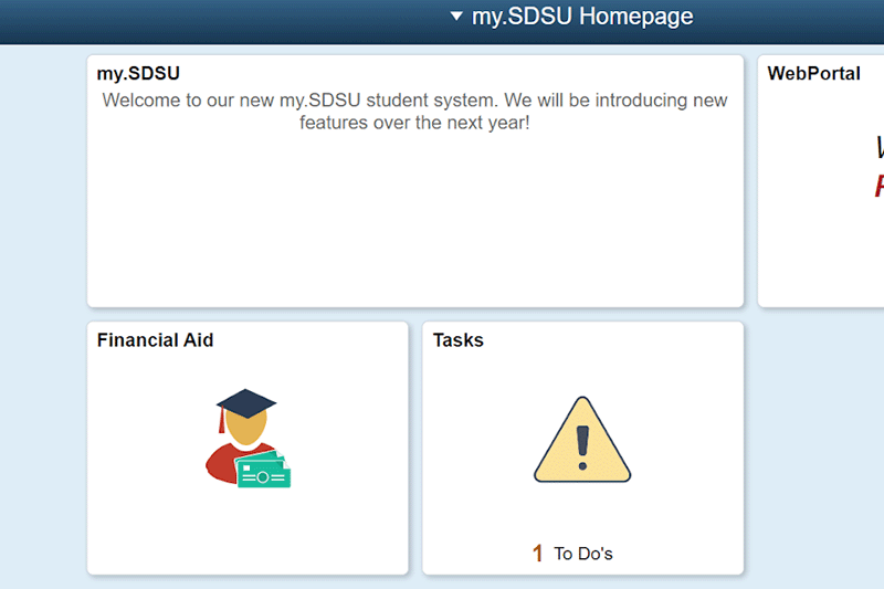 Homepage of my.SDSU displaying function tiles