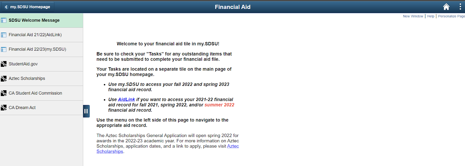 my.SDSU Financial Aid Main Page