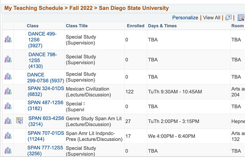 Teaching schedule view in my.SDSU