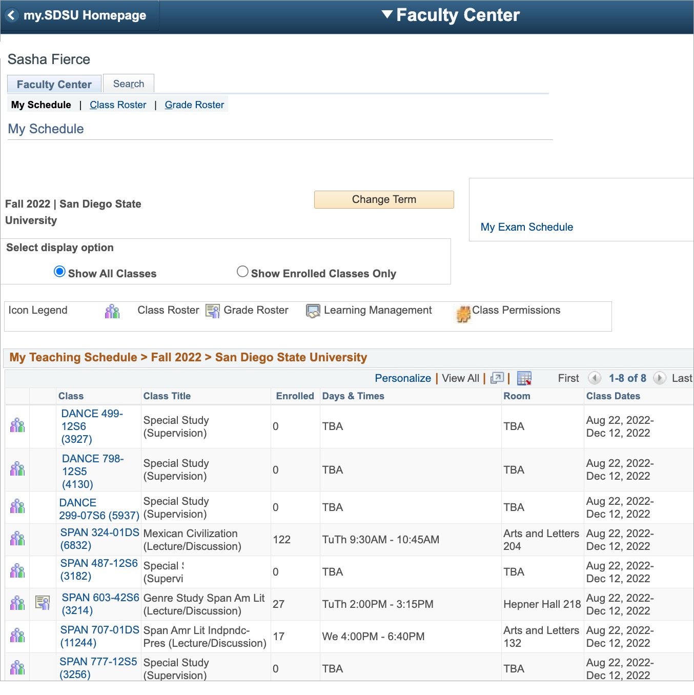 Sasha Fierce's My Schedule contains weekly course information.