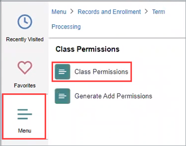 Class Permissions Menu