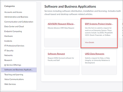 ERP Systems Project Intake Request Form in ServiceNow