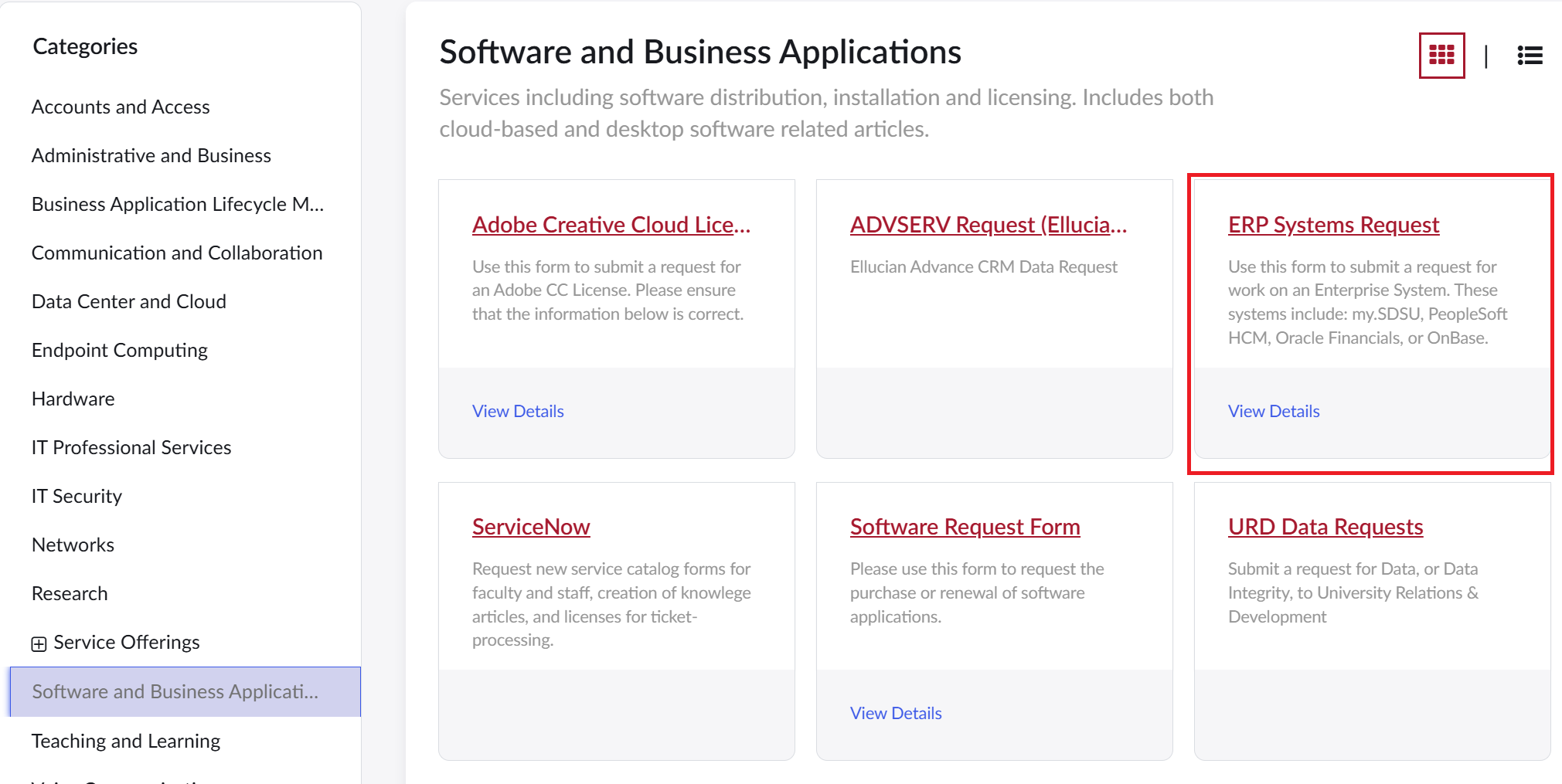 ERP Systems Request Form in ServiceNow