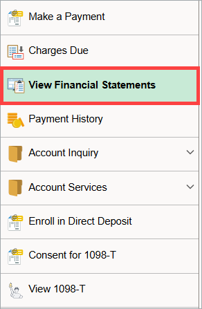 Menu with View Financial Statements highlighted