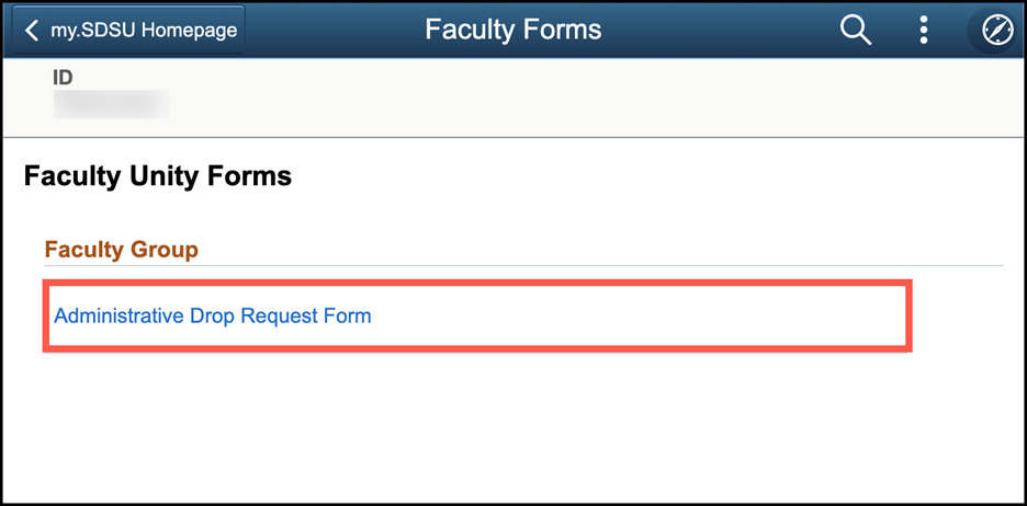 Screenshot: link to Administrative Drop Request Form