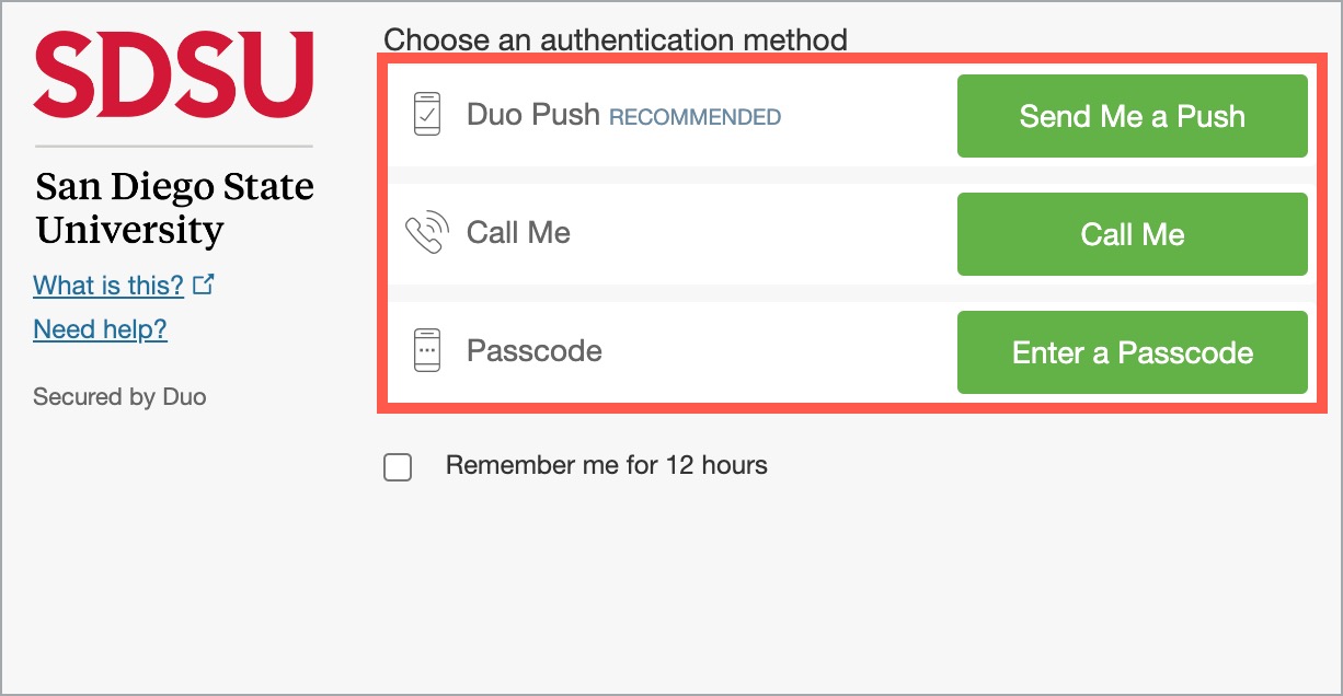 DUO Authentication: Choose an authentication method