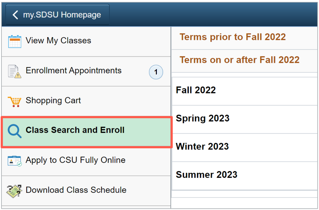 Class Search and Enroll button on side menu