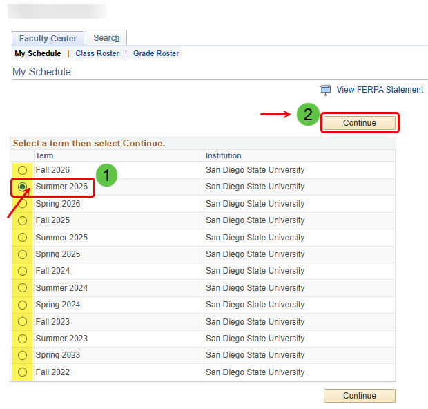 Faculty Center Select Term Steps