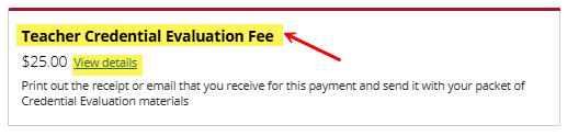 Teacher Credential Evaluation Fee link