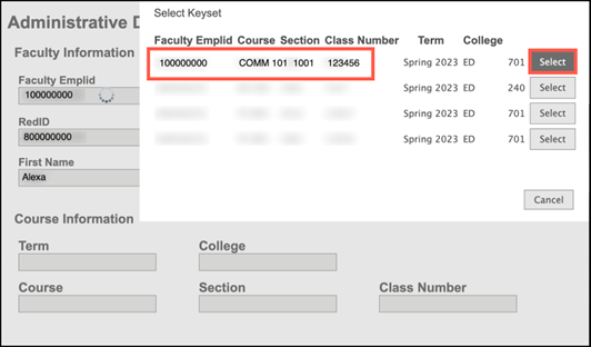 Select Course screen in OnBase