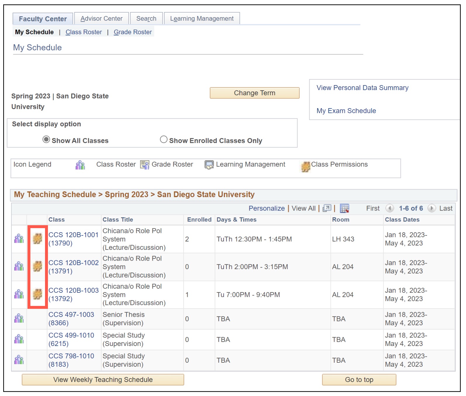 Class Permissions in My Schedule table