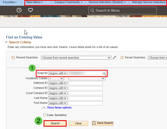 Service Indicator Search Page