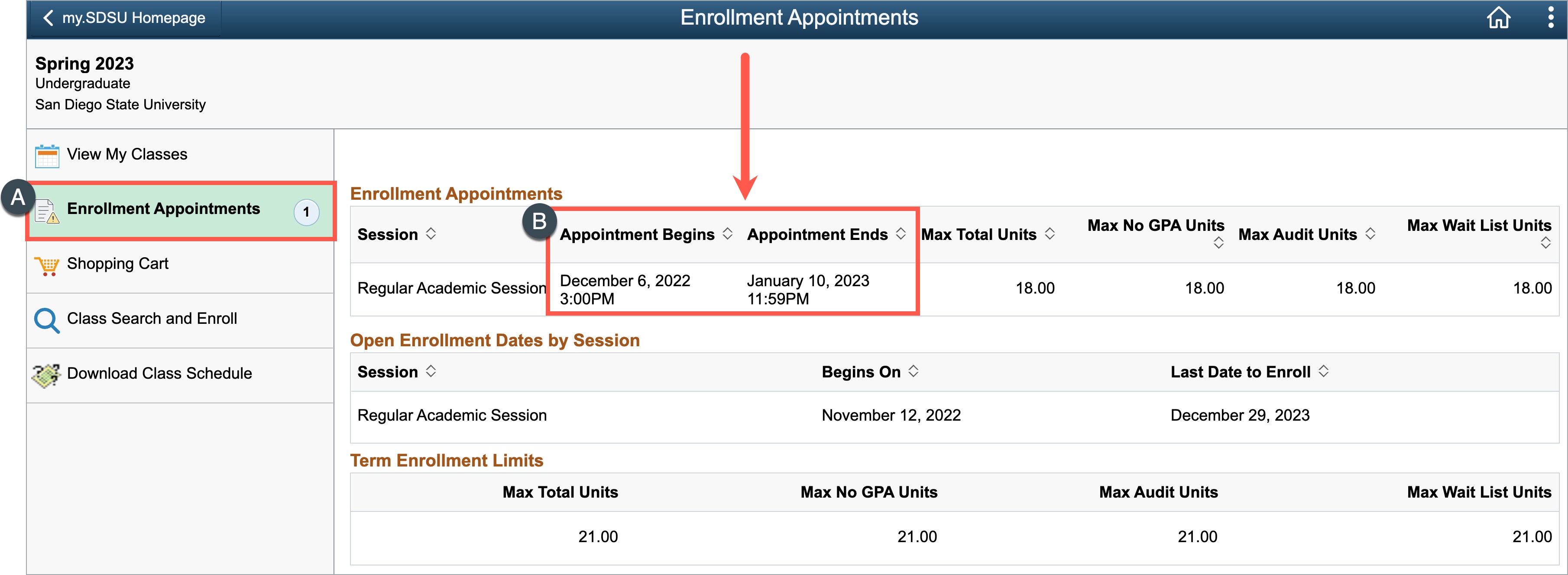 Enrollment Appointments section showcases "Appointment Begins" and "Appointment Ends"