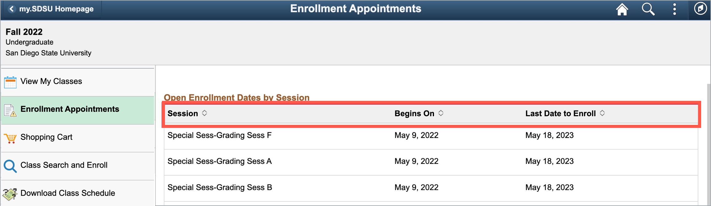 Enrollment Appointments for Global Campus appear under "Special Sessions".