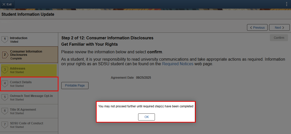 Student Info - Cannot Proceed Error Message