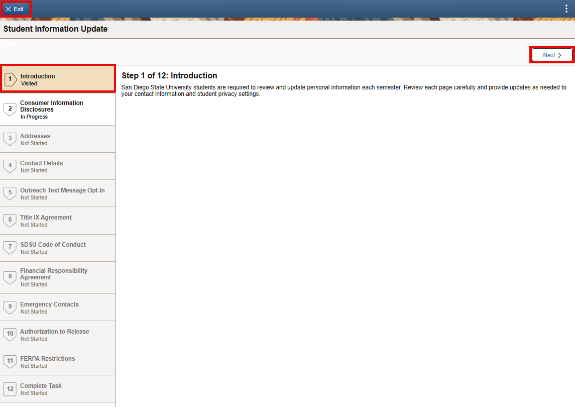 Student Info Exit or Next options