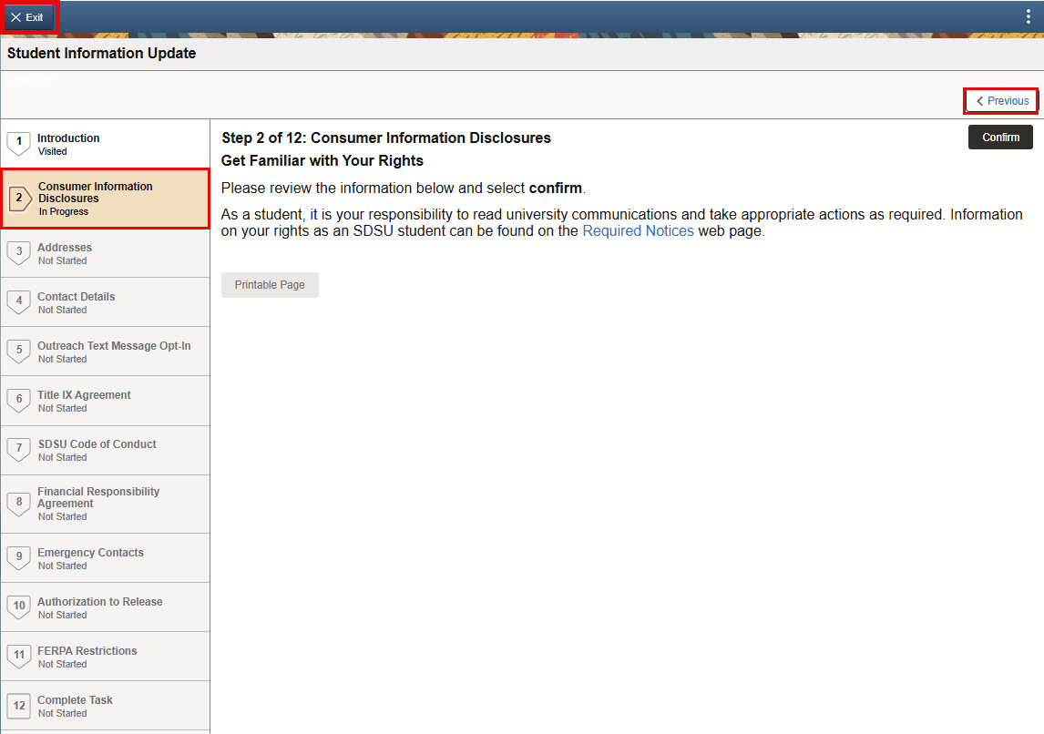 Student Info Page Previous or Exit Icons