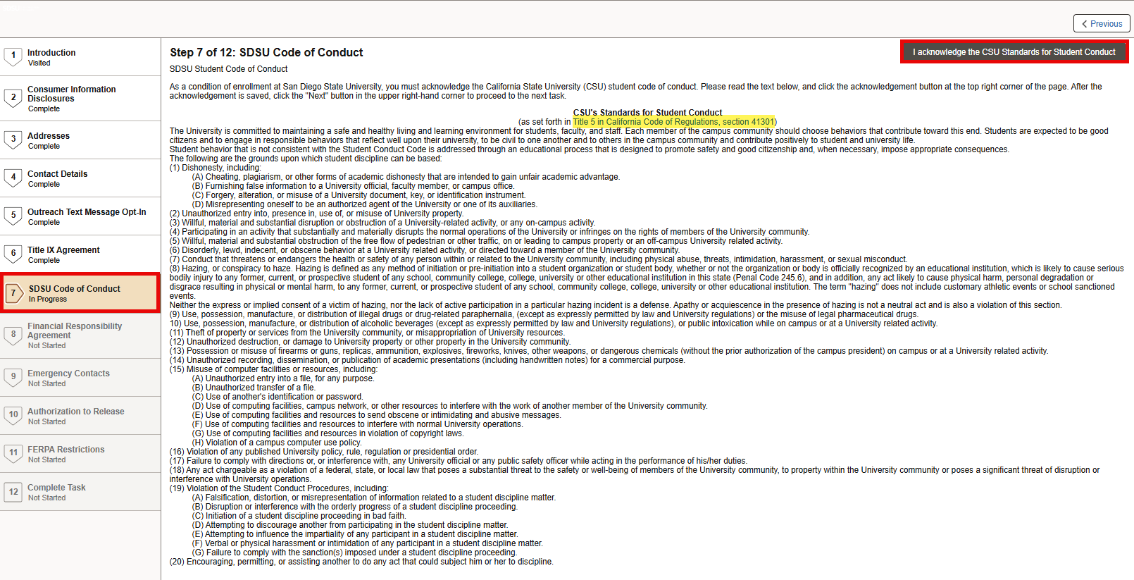 Student Code of Conduct Page