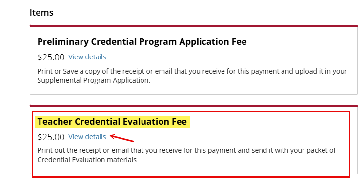 Teacher Cred Eval Fee (view details)