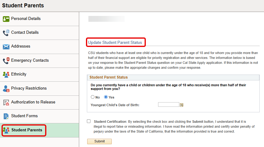 Update Student Parent Status Form