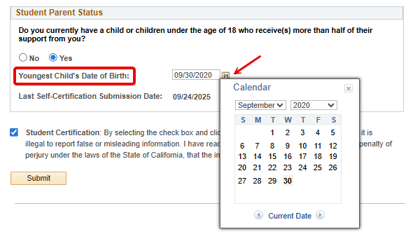 Youngest Dependent's Date of Birth Calendar