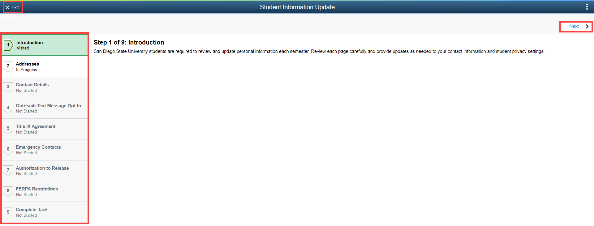 Student Information Update page